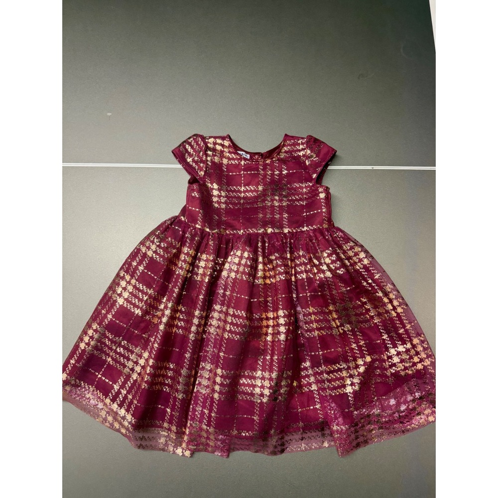Blueberi Boulevard Girls Burgundy Gold Plaid Dress & Rosette Cape Set Size 5